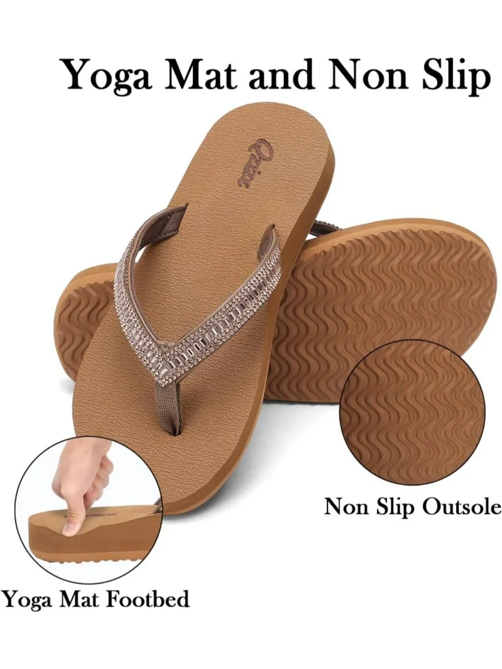 Women's Khaki Summer Comfortable Flip Flops with Rhinestone Beach Thong Sandals